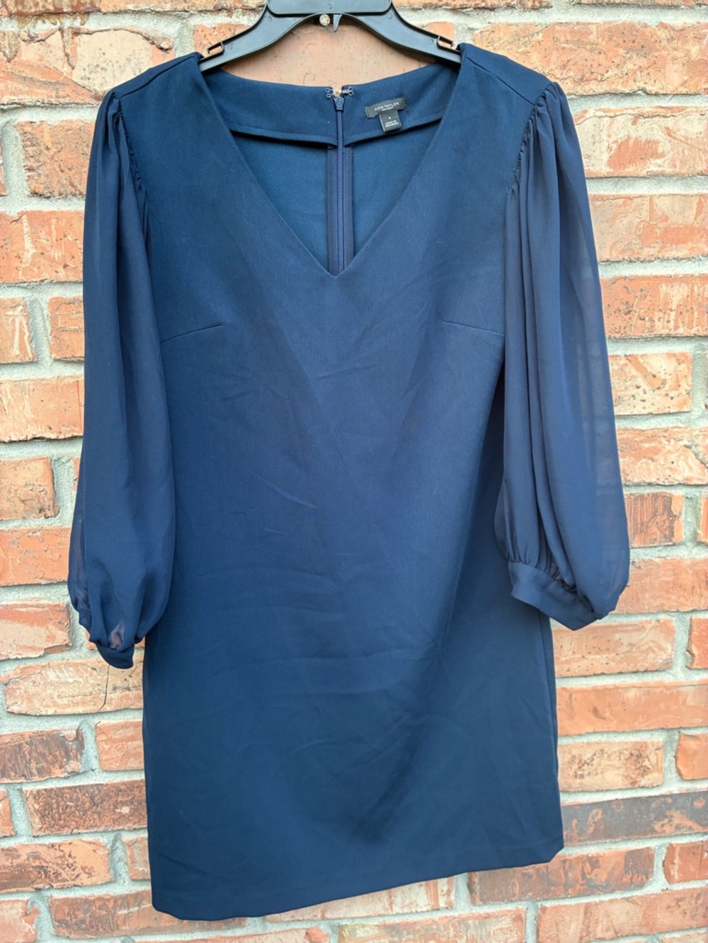 Ann Taylor Deep Navy V-Neck Mini Dress with Sheer Balloon Sleeves